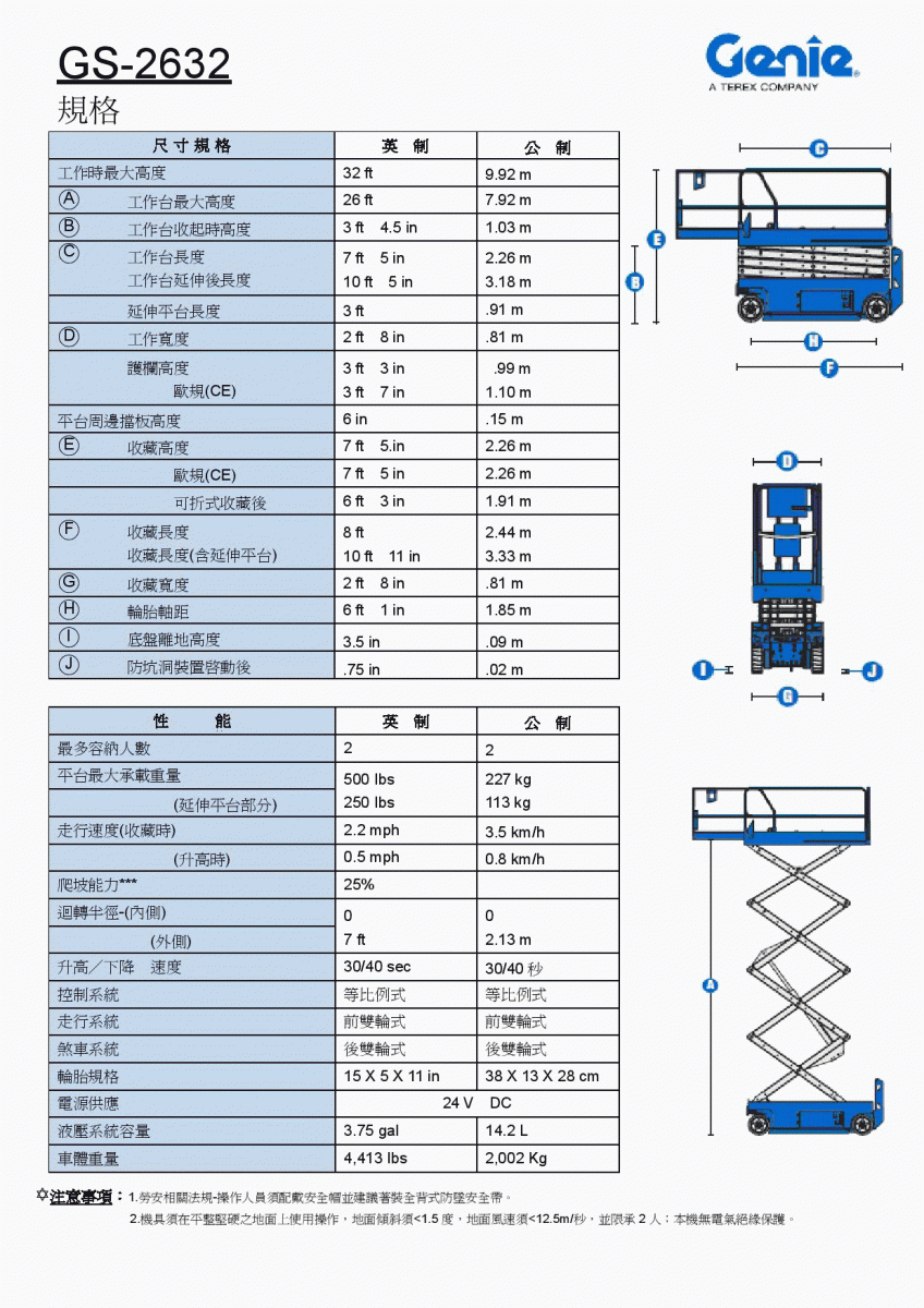 高空作業車租賃GS-2632剪刀車(8米)規格