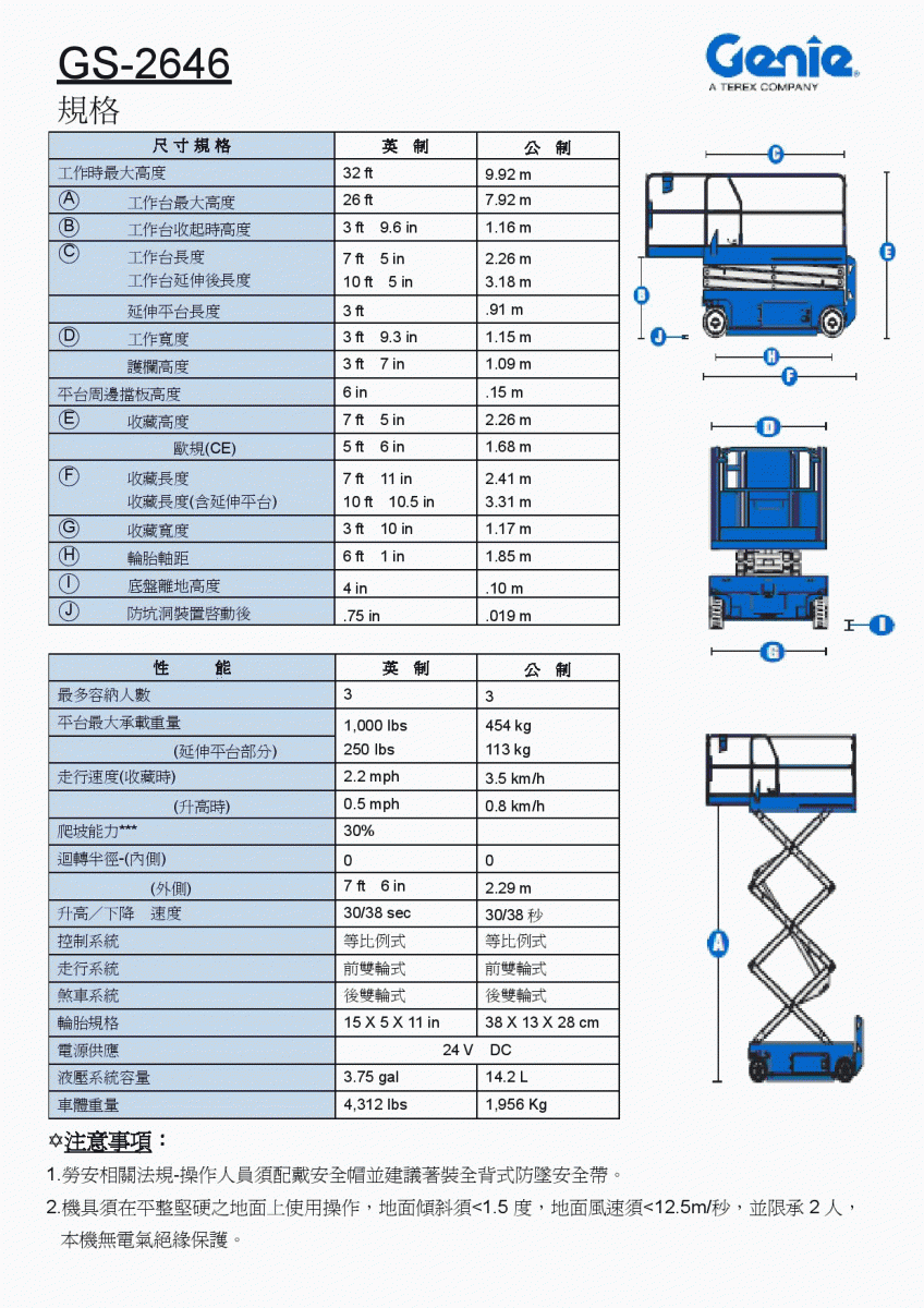 高空作業車租賃GS-2646剪刀車(8米)規格